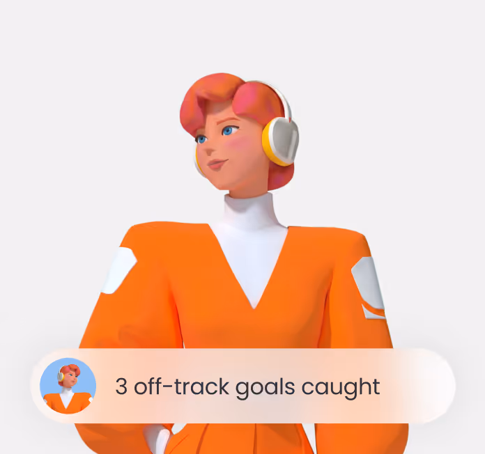 3 off-track goals caught notification with a person in an orange outfit and white headphones.
