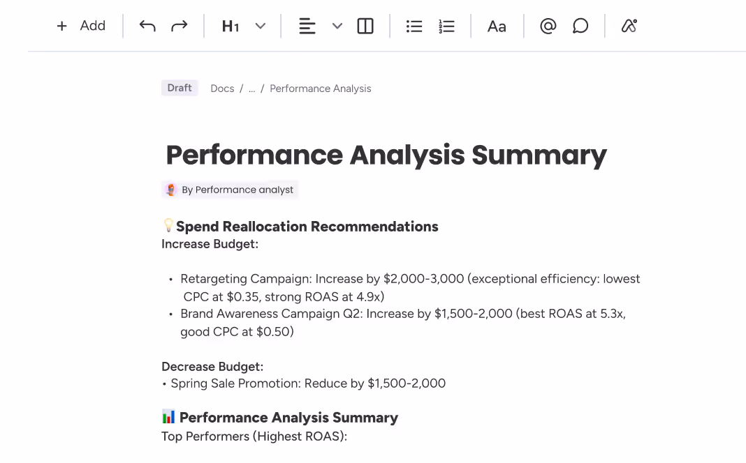 Document titled Performance Analysis Summary with budget increase and decrease recommendations for campaigns.