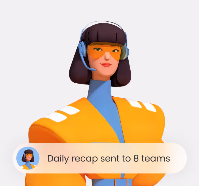 Illustration of a woman with a headset and orange glasses wearing an orange and blue outfit.