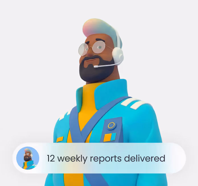 Character with headset and glasses wearing blue and yellow jacket with text 12 weekly reports delivered.