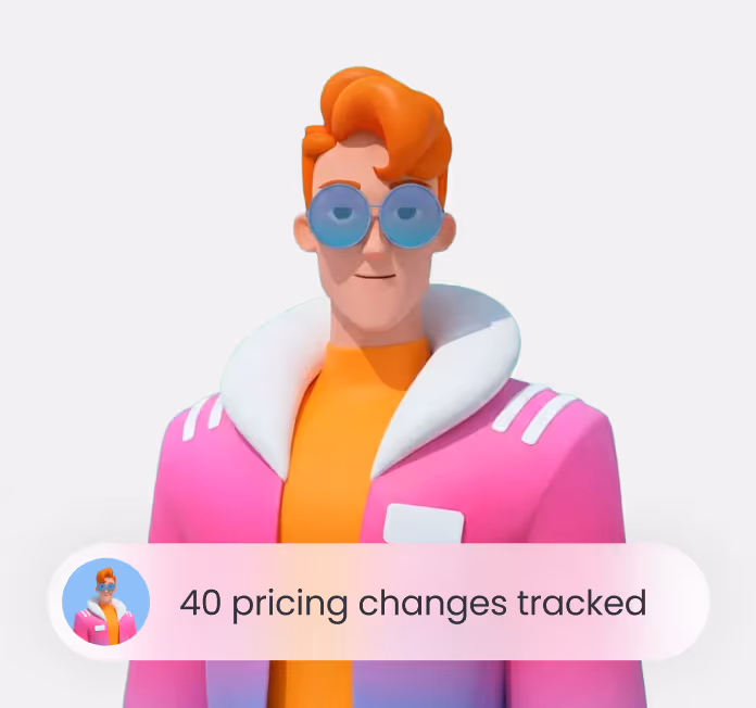 3D character with sunglasses and pink jacket showing text: 40 pricing changes tracked.