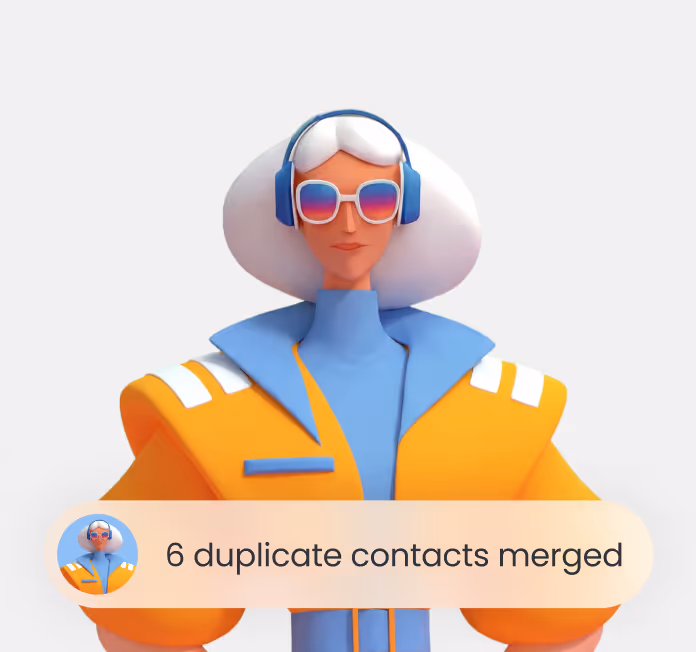 Stylized figure in orange jacket and blue headphones with text: 6 duplicate contacts merged.