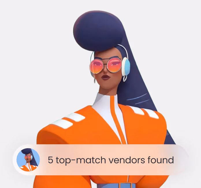 Stylized woman with large dark hair, orange jacket, headphones, and sunglasses, caption reads '5 top-match vendors found'.