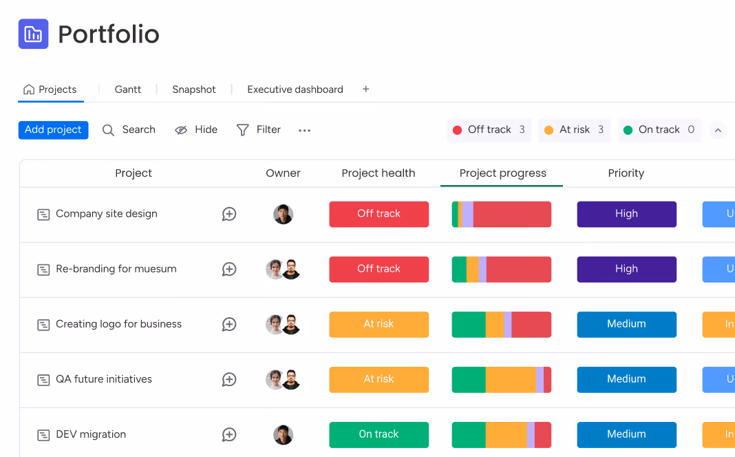 Portfolio dashboard showing projects, owners, health status, progress bars, and priority levels.
