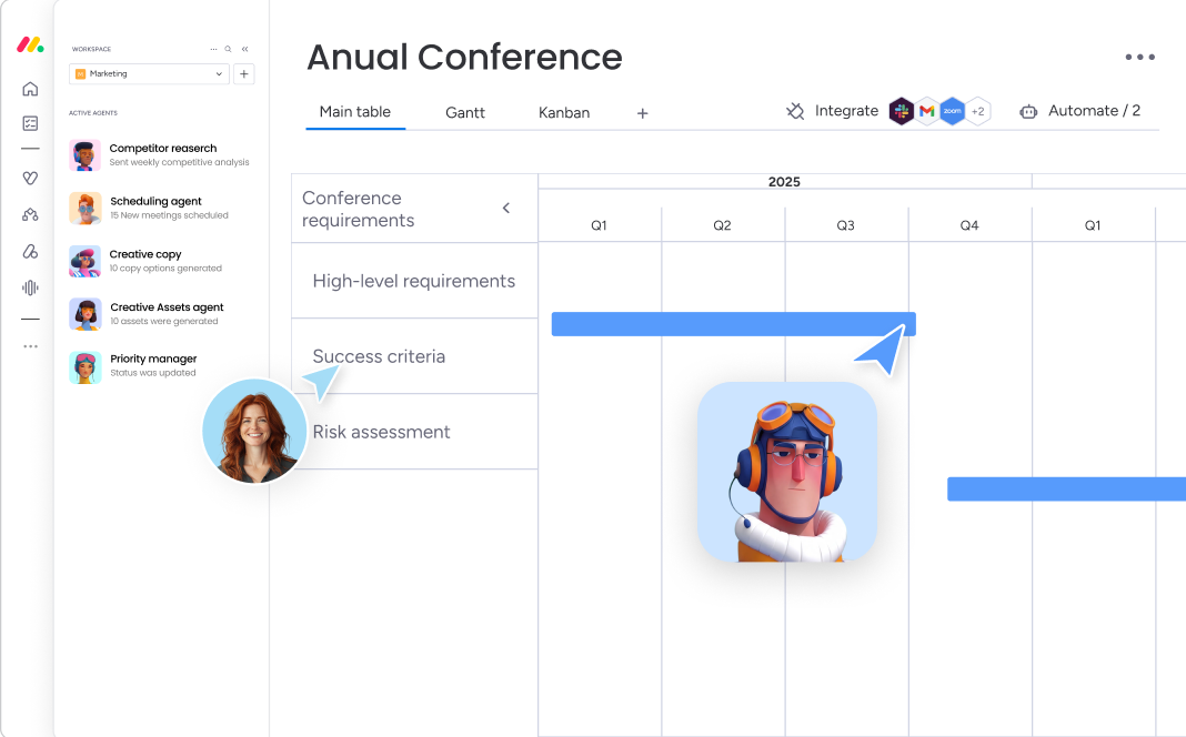 Project dashboard showing Annual Conference timeline, task progress bars, and team agents on left panel.