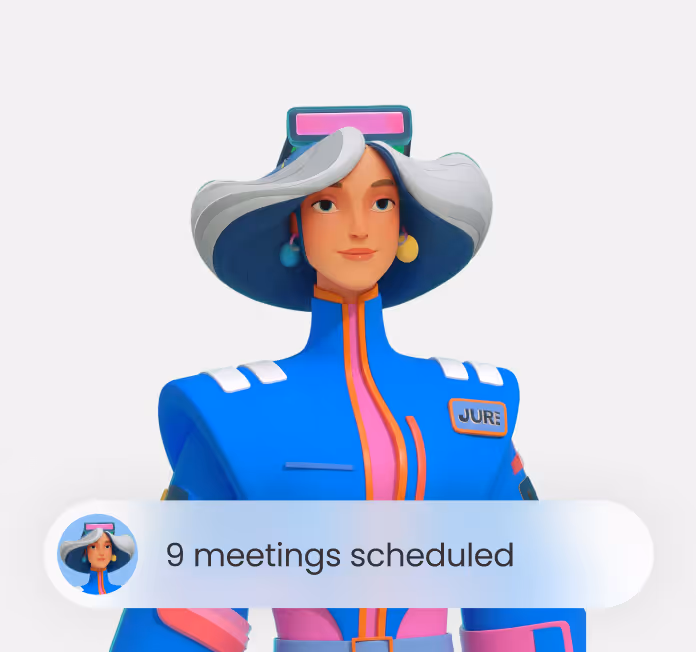 Animated character in blue outfit with white hair and text saying 9 meetings scheduled.
