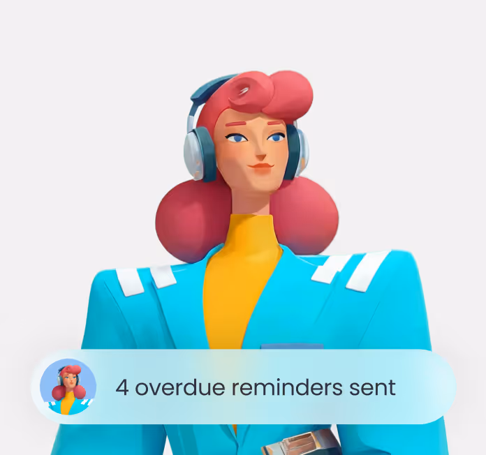 Stylized character with red hair and headphones, text: '4 overdue reminders sent.'