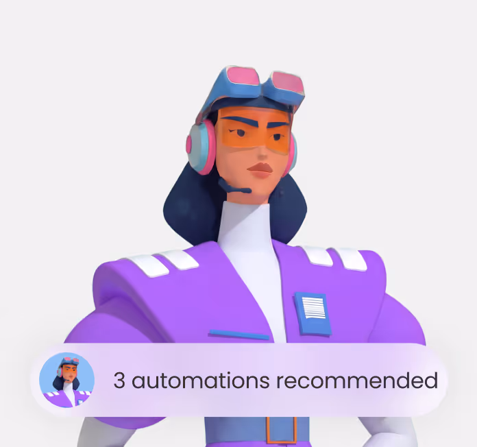 Animated woman in purple futuristic uniform with headset and goggles, text '3 automations recommended'.