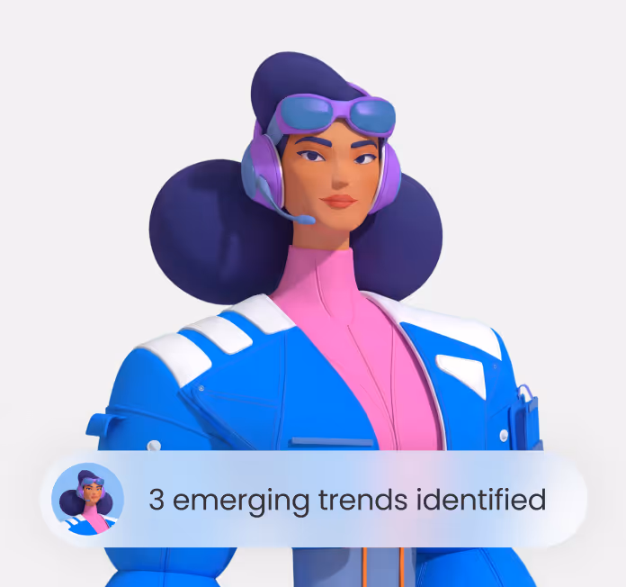 3D character with purple hair and headset above text: 3 emerging trends identified.