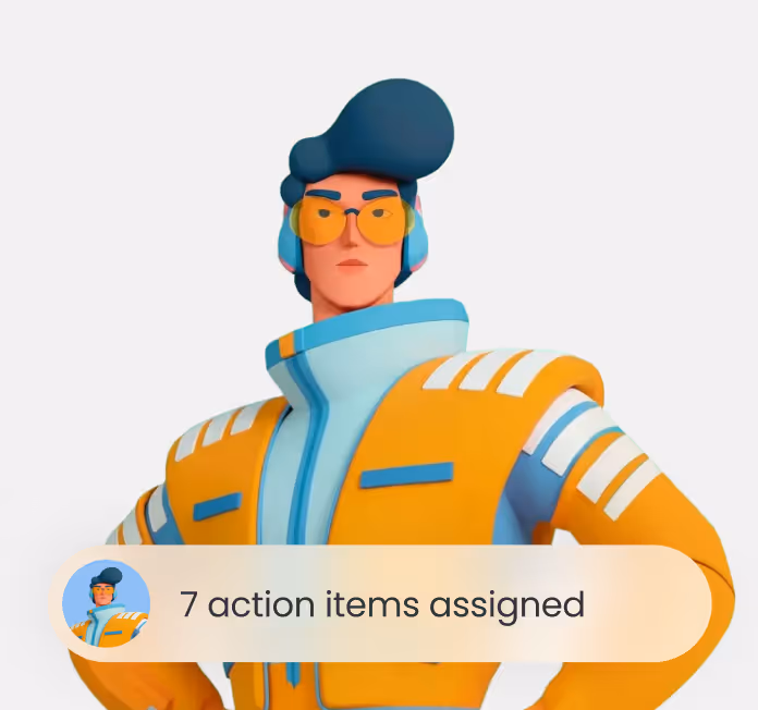 Stylized character with orange jacket and yellow glasses, overlay text reads seven action items assigned.