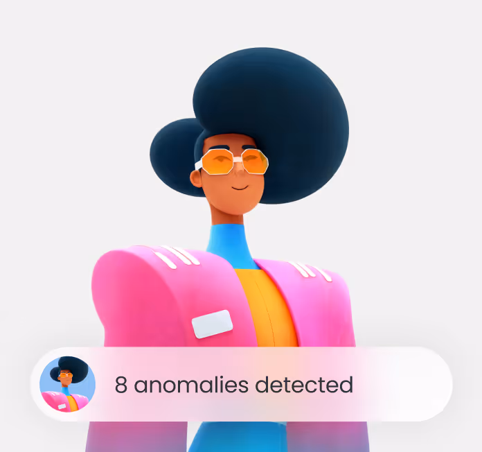 Illustration of a person with large hair and yellow glasses with text overlay: 8 anomalies detected.